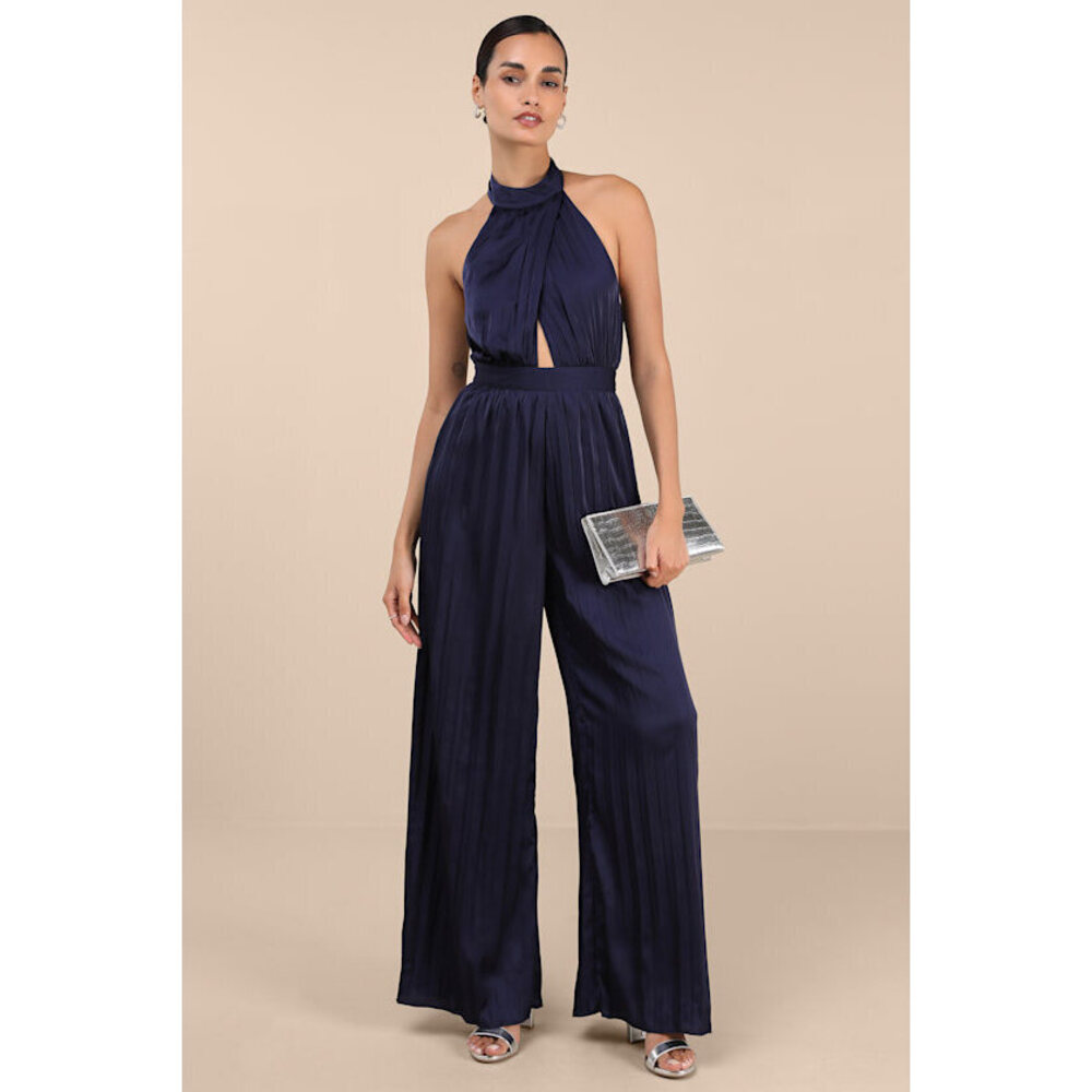 Lulus Confident Impression Navy Satin Pleated Halter Jumpsuit Blue - Size XL -